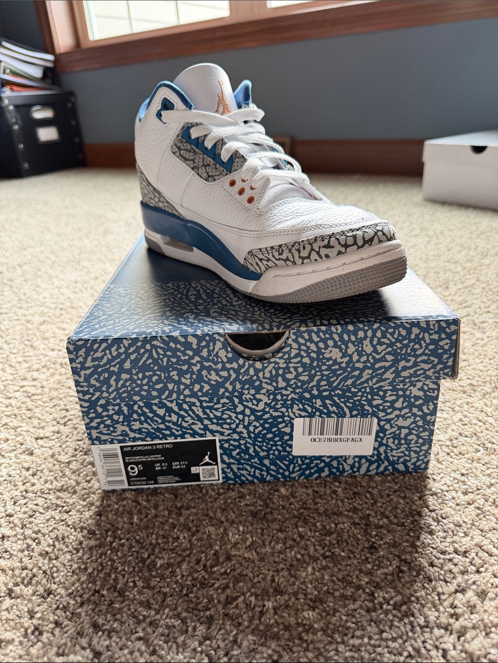 Air Jordan 3s white/metallic copper/ M 9.5/ W 11